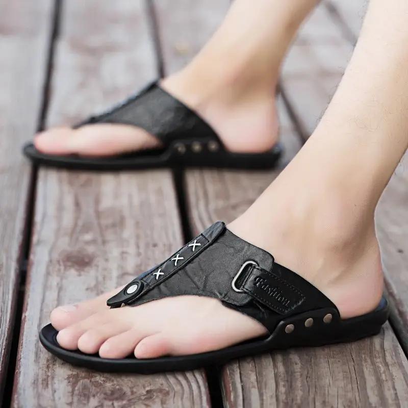 Fashion Platform Slippers for Men Shiatsu Flat Sandals Man Genuine Leathe Shoes Flip Flops Eva Summer Sale Mascullino Y2k Clappers 2025