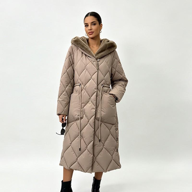 Womens Hooded Mid-Length Puffer Coat With Waist Cinching Rhombus Quilted Design Winter Warm Cotton-Padded Jacket