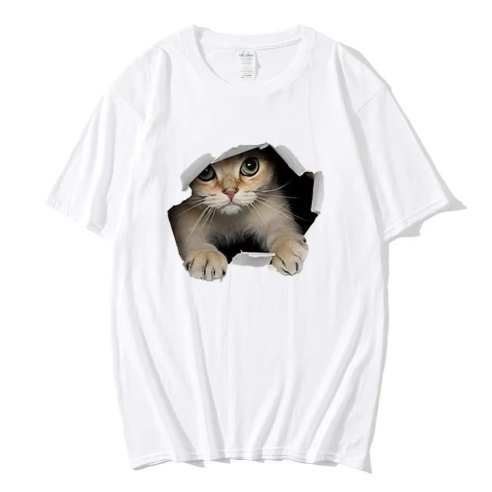 Cute Cat Print Men's Round Neck Short-sleeved T-shirt 100% Cotton Summer Casual Short-sleeved Harajuku Street Unisex Sports Top