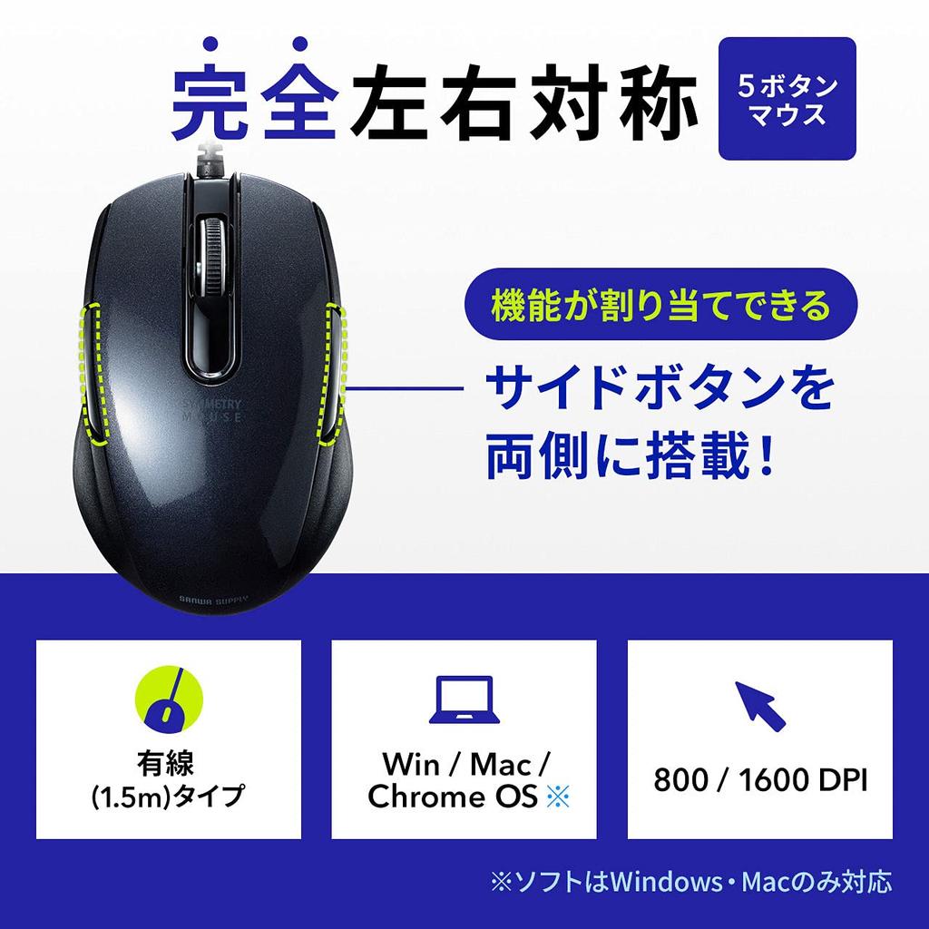 Sanwa Supply Wired 5 Ambidextrous 1600dpi Mouse, BlueLED, Buttons, Design, (2-speed switching), Compact, Black, MA-BL172BK