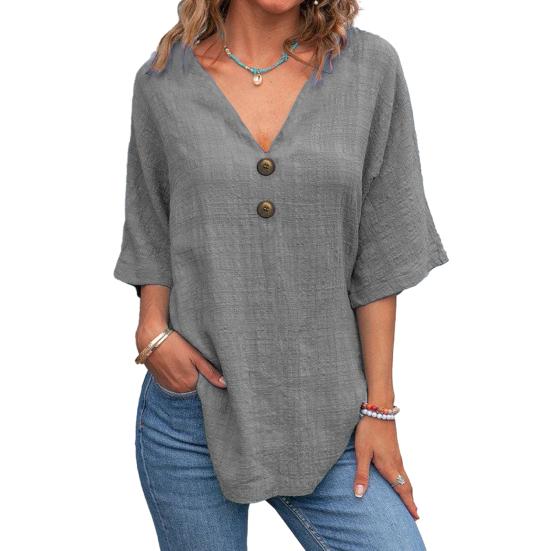 Top Estivi da Donna Scollo a V Manica a Tre Quarti Casual T-Shirt Tinta Unita Decorazione Bottoni Vestibilità Ampia Lunghezza Media Blusa