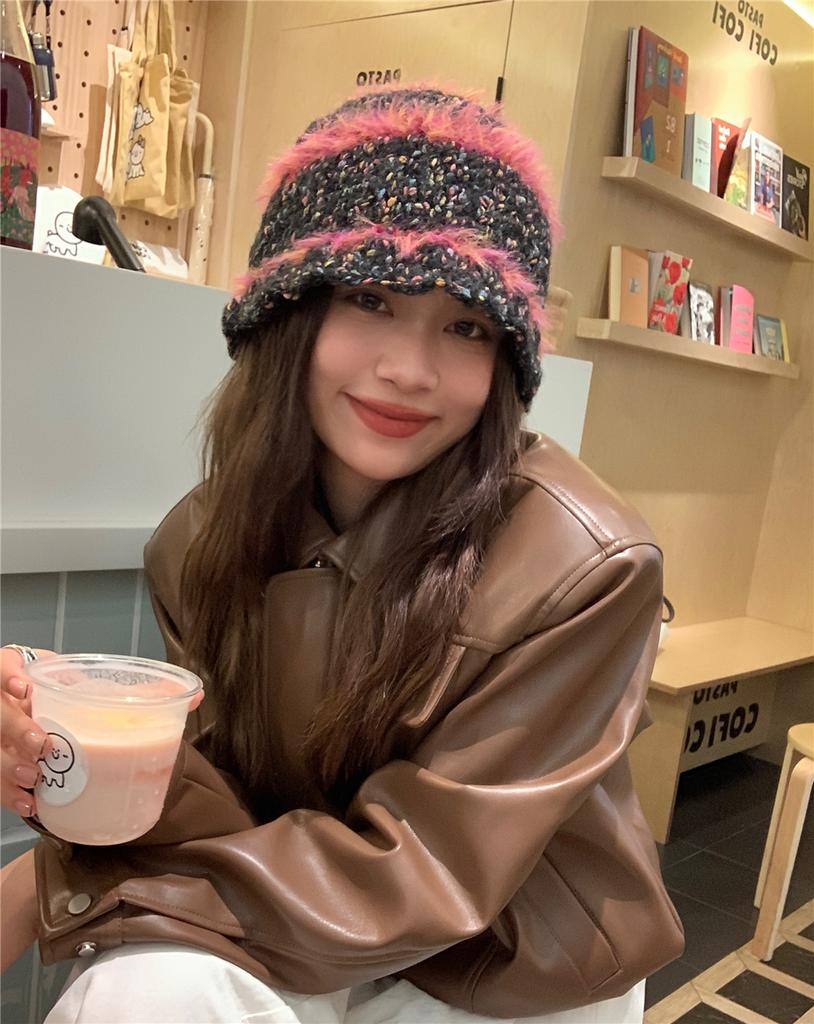 Dopamine Color Retro Knitted Bucket Hat Women's Autumn and Winter Face Small Warm Versatile Wool Hat Tide