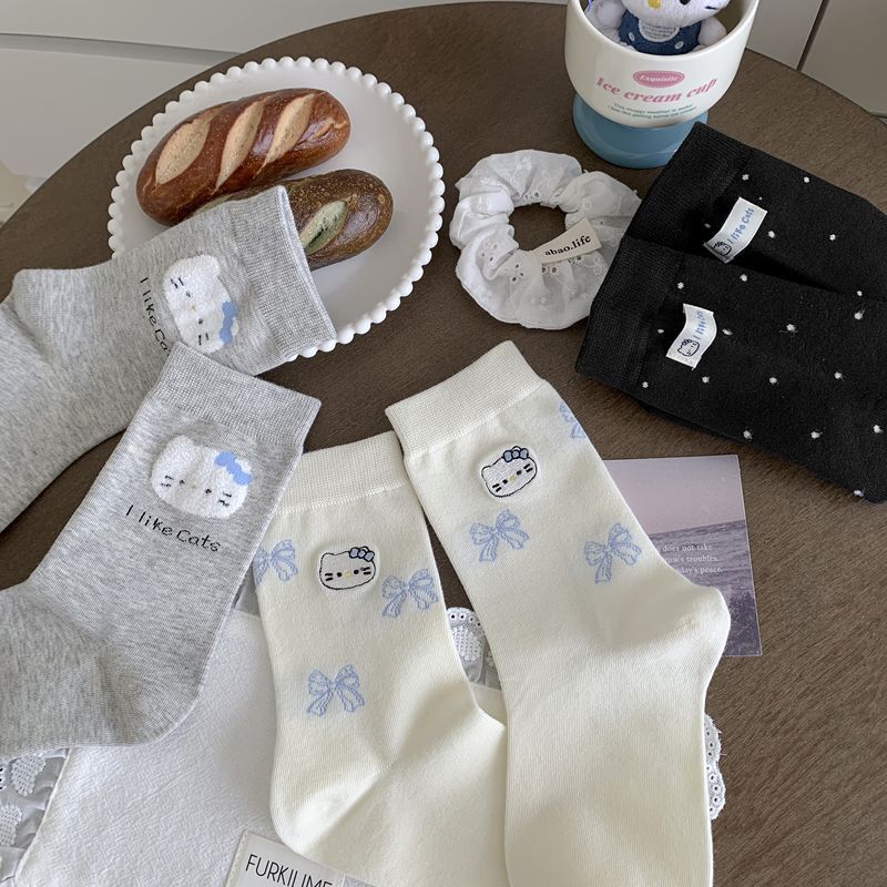 Early Autumn Socks, Korean Cute Cartoon Bow Cat Medium Tube Socks Versatile Women'S Socks Boneless Cotton Socks