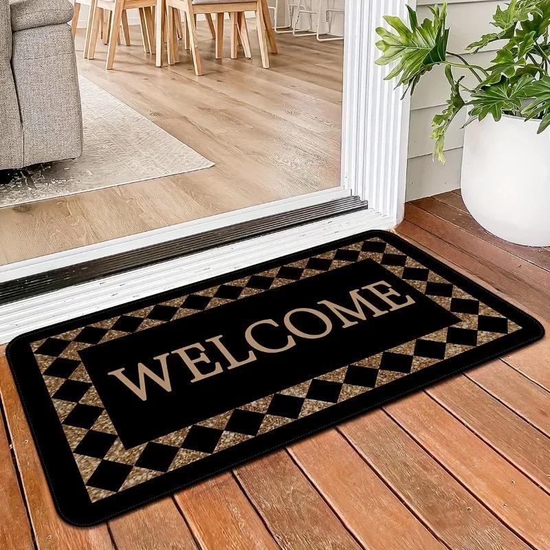Tapetes Estampados com Letras em Padrão de Grade Tapetes de Boas-Vindas Acessórios Decoração Sala de Estar Tapetes Quarto Cabeceira Corredor Tapete Antiderrapante