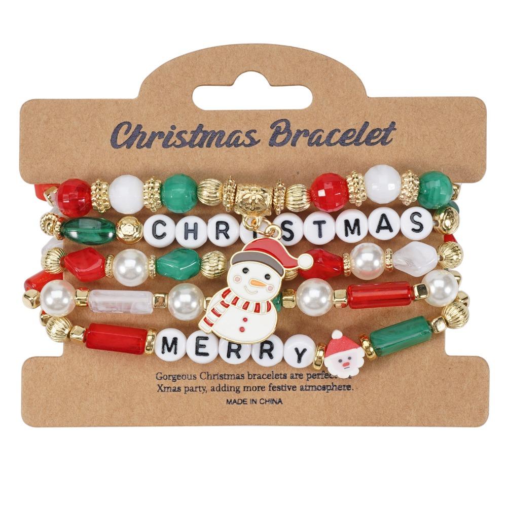5Pcs Snowman Christmas Bracelet Multi-Layer Stacking Rope Chain Bangle Beaded Bracelet  Gifts