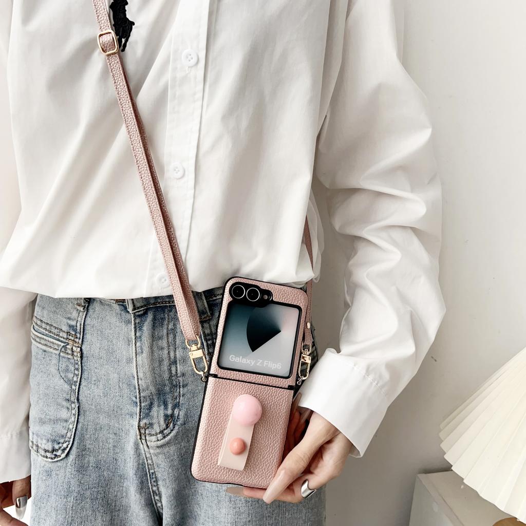 Leather Finger Ring Stand 3pcs Folding Case For Samsung Galaxy Z Flip6 Flip5 Flip4 Flip3 Crossybody Lanyard Shockproof Matte Slim Phone Cover