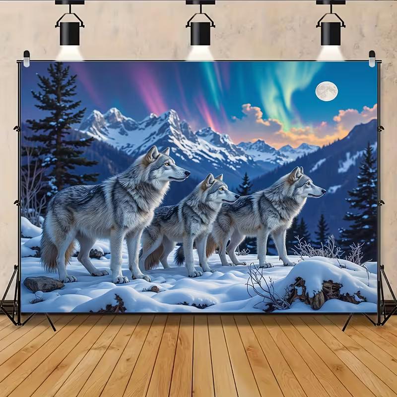 2D Winter Wolf Northern Lights Tapestry Snow Forest Party Backdrop Wall Art