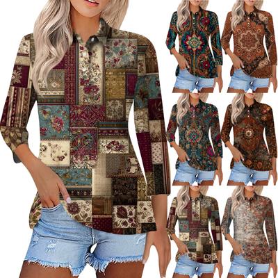 Women's Fashion Casual Lapel Short 3/4 Sleeve Print Shirt Women's Button Up Tops