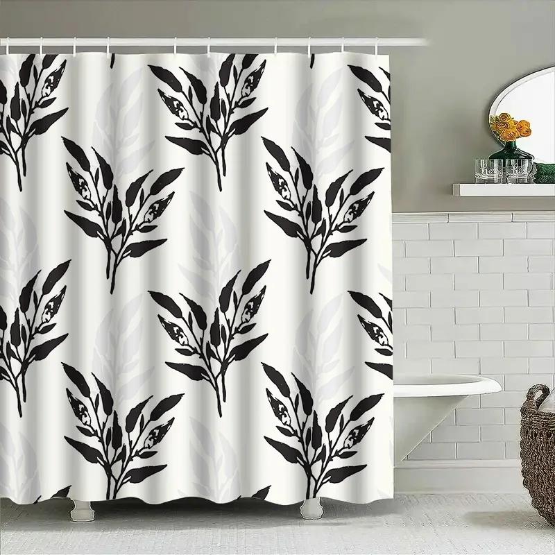 White Bath Mat Black And White Floral Pattern Shower Curtain Polyester Waterproof Home Decor