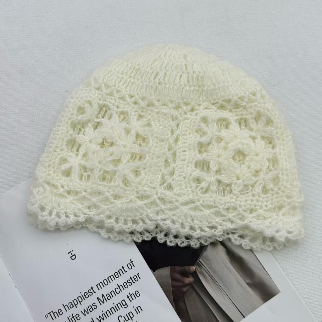 Double-layer handmade crochet hollow bag hat female elegant versatile knitted pullover hat autumn and winter breathable travel cold hat