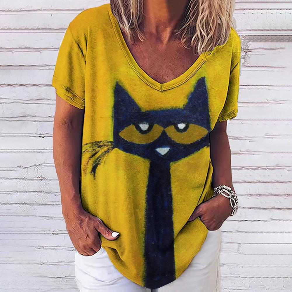 Women's T-shirt 3D Fashionable Cat Print V-neck Short Sleeved Basic Top Street Wear Summer Casual Loose Fitting Women's Clothing