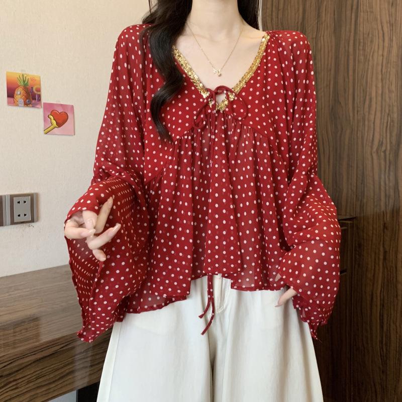 

Gold Polka Dot V-Neck Chiffon Top - French Style, Sheer Sun Protection, Lightweight Design XXL 125-135 kg