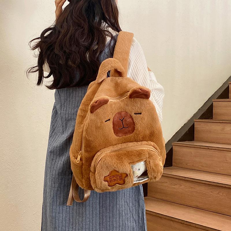 Super cute cartoon cute water guinea pig student backpack hairy kapibara girl heart soft girl storage backpack