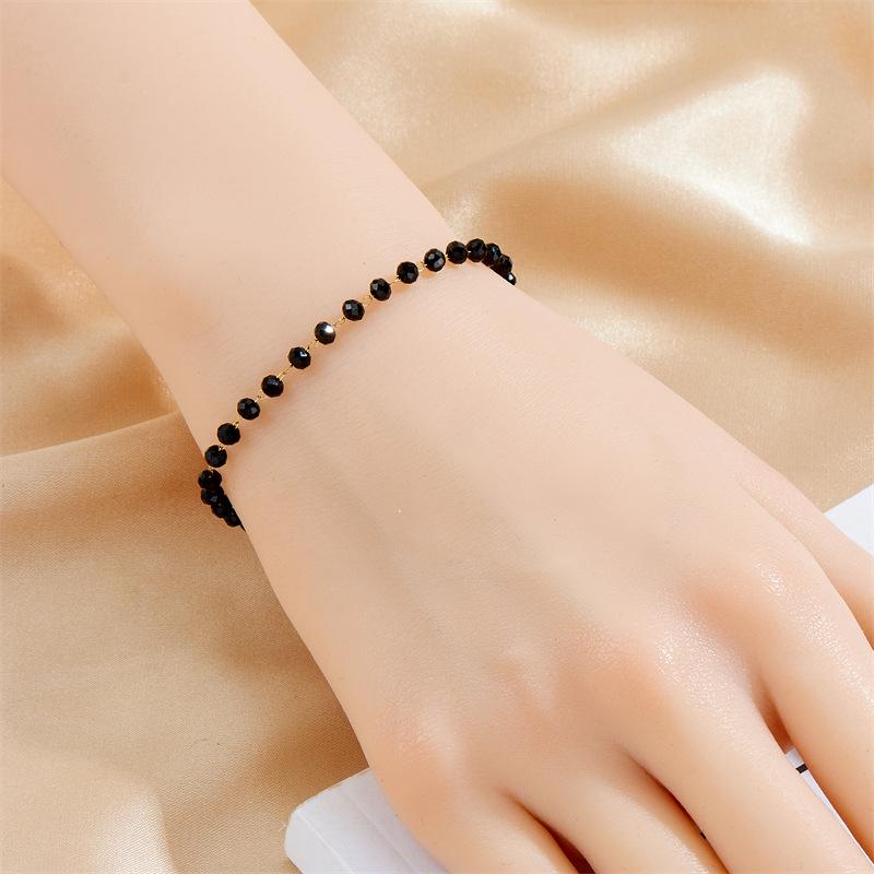 Gold Plated Black Crystal Beaded Jewelry Set Necklace and Bracelet for Women Stainless Steel