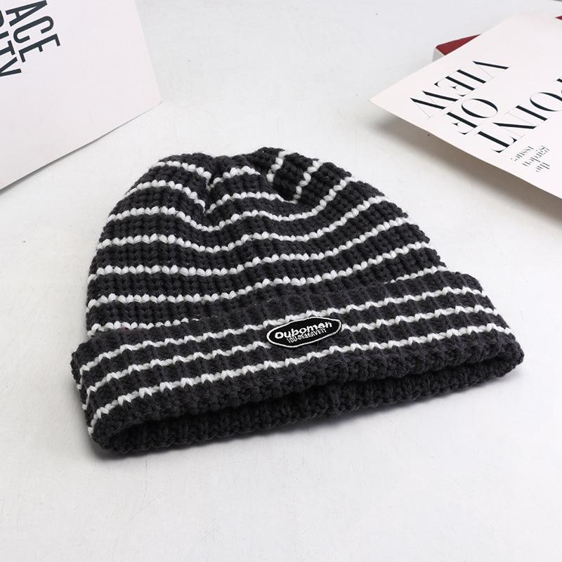New Korean Version of Versatile Knitted Hat for Women's Trendy Warm Striped Wool Hat Big Head Ear Protection Cold Hat