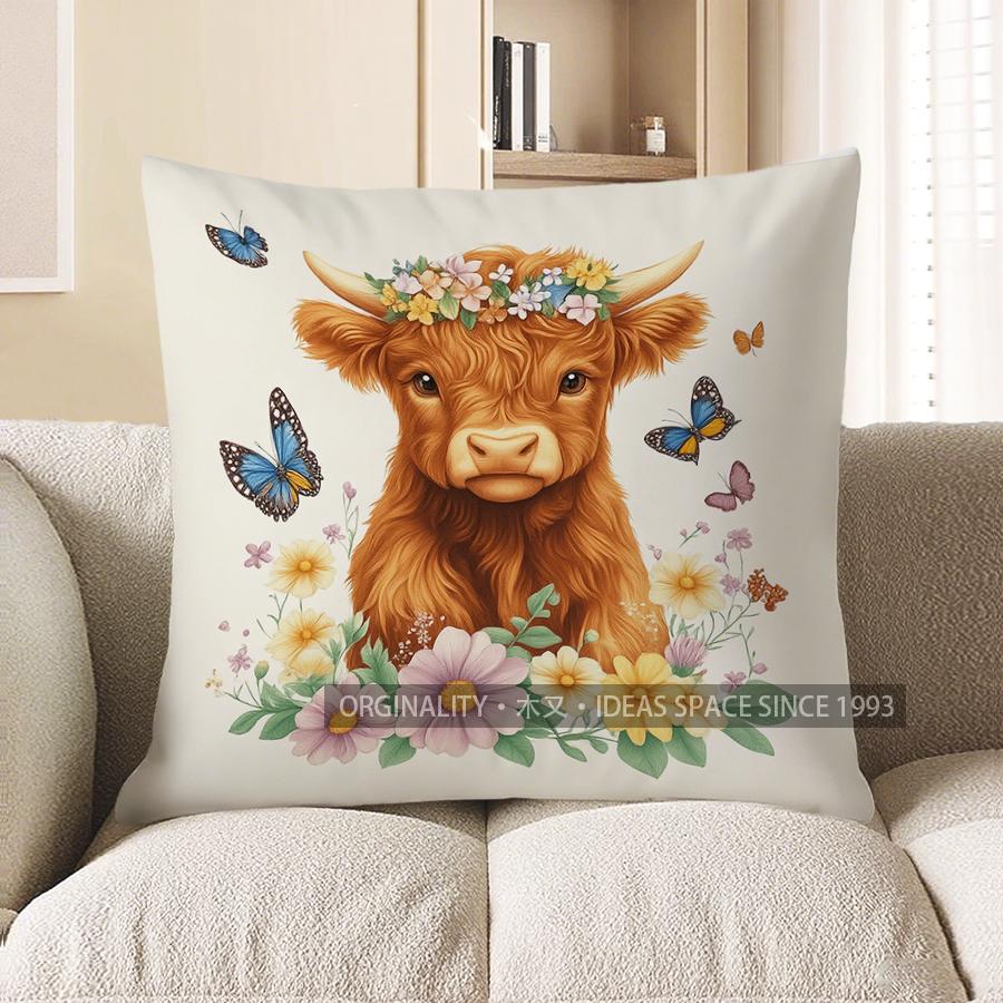 Home Decor Cute Highland Cow with Butterflies and Flowers Pattern Cushion Cover Suitable for Sofa Bedroom Car Pillow Cover