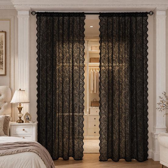 1 Panel Sheer Lace Curtain, Vintage Floral Lace Curtain with Rod Pocket, Light Filtering Window Curtain Panel for Living Room Bedroom Window Closet