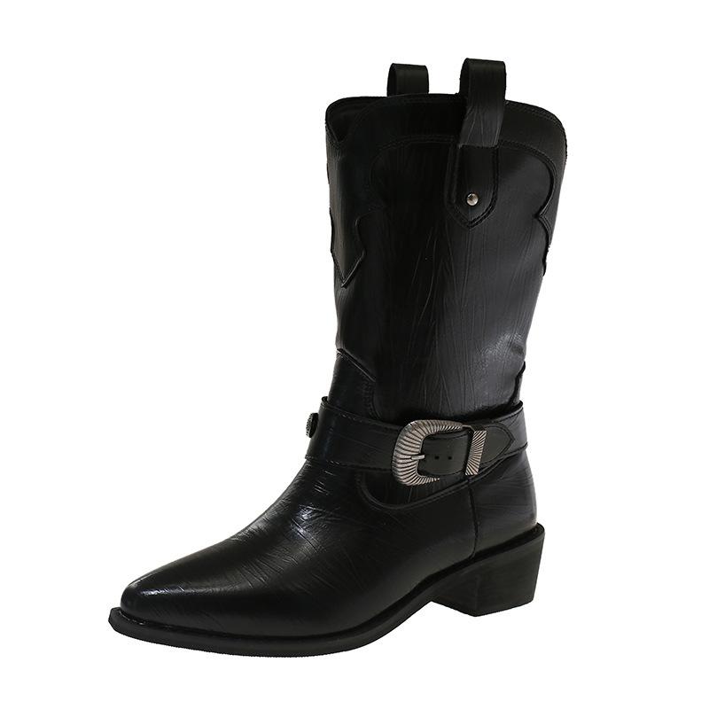 Western women's thick heels but tall small pointed cowboy boots retro long boots knee knight boots new