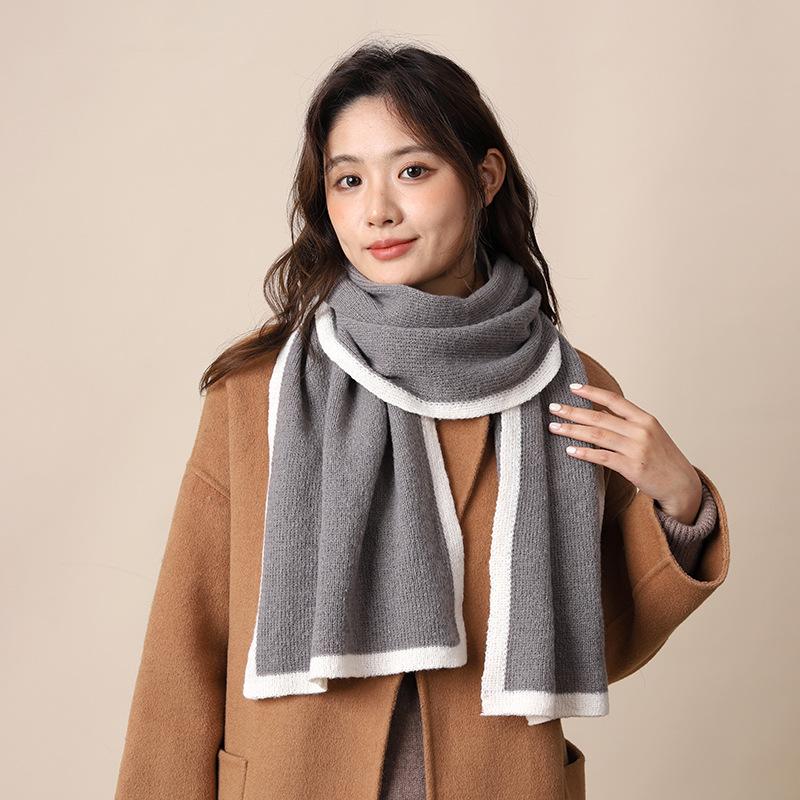 French Simple New Black and White Knitted Wool Scarf Women's Winter Warm Couple Small Scarf Versatile and Thick