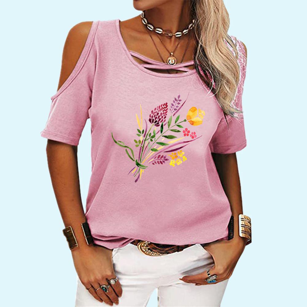 Women Fashion Round Neck Tee Shirt Summer Off Shoulder Short Sleeve Top Casual Floral Print T-shirt