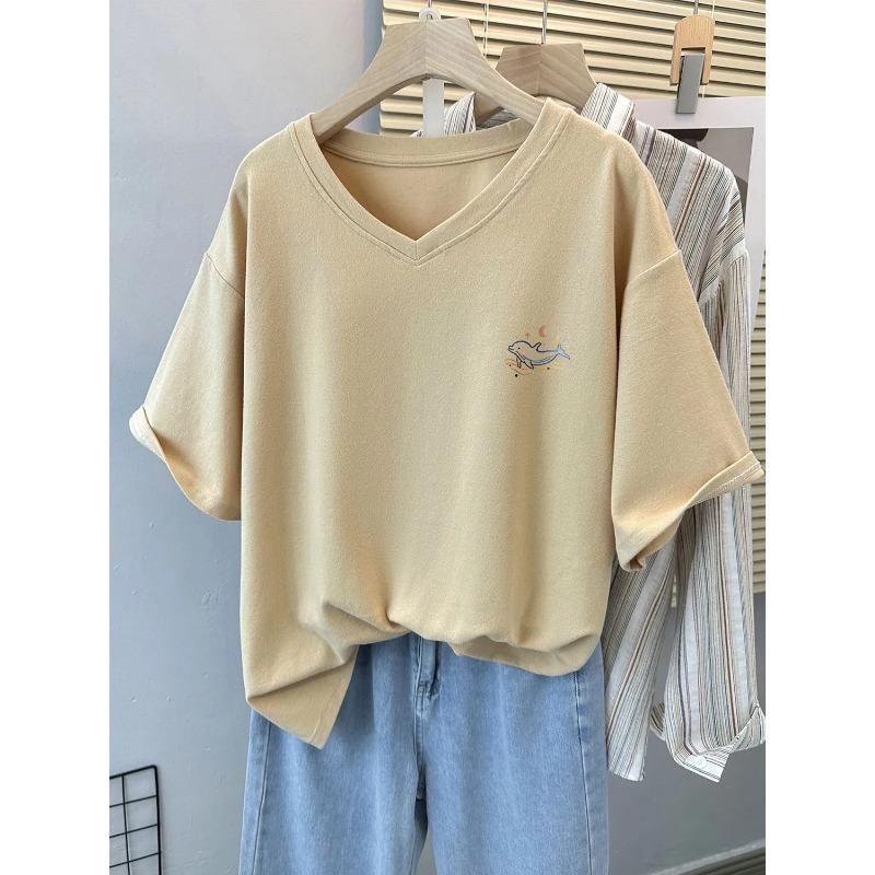 V Neck Whale Embroidery Cropped T-Shirt Loose Fit Casual Short Sleeve Top