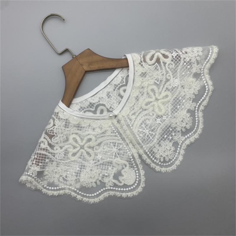 Fashion Detachable Fake Collar Faux Pearl Button Shawl Wrap Women Embroidery Floral Sequins Necklace Lightweight Capelet
