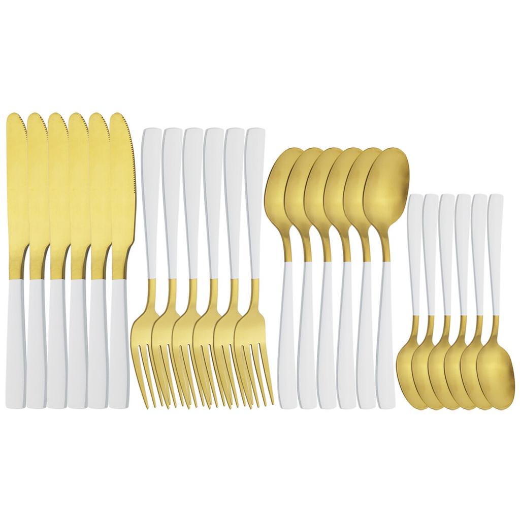 6 People Stainless Steel Cutlery Set White Gold Dinnerware Knives Fork Coffee Spoon Dinner Silverware Home Kitchen Tableware Set