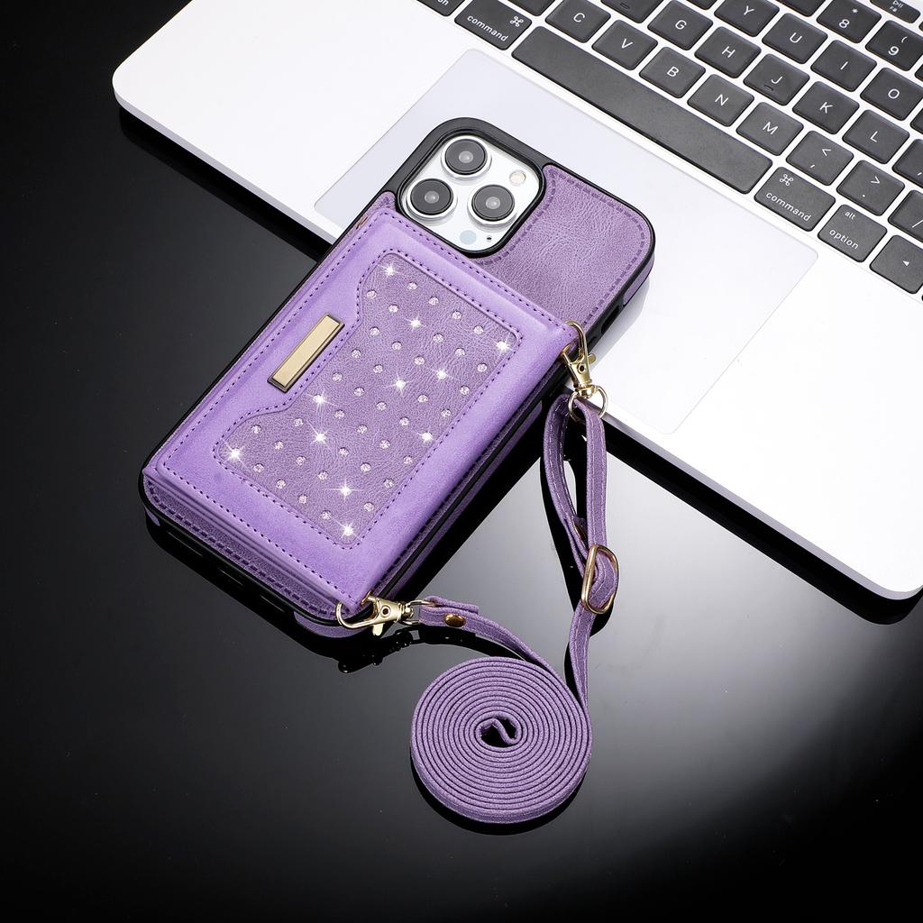 Lanyard Crossbody Wallet Leather Cards Solt Bag Cover for Samsung Galaxy S23 S22 Ultra S21 FE A54 A52s A72 A53 5G Glitter Case