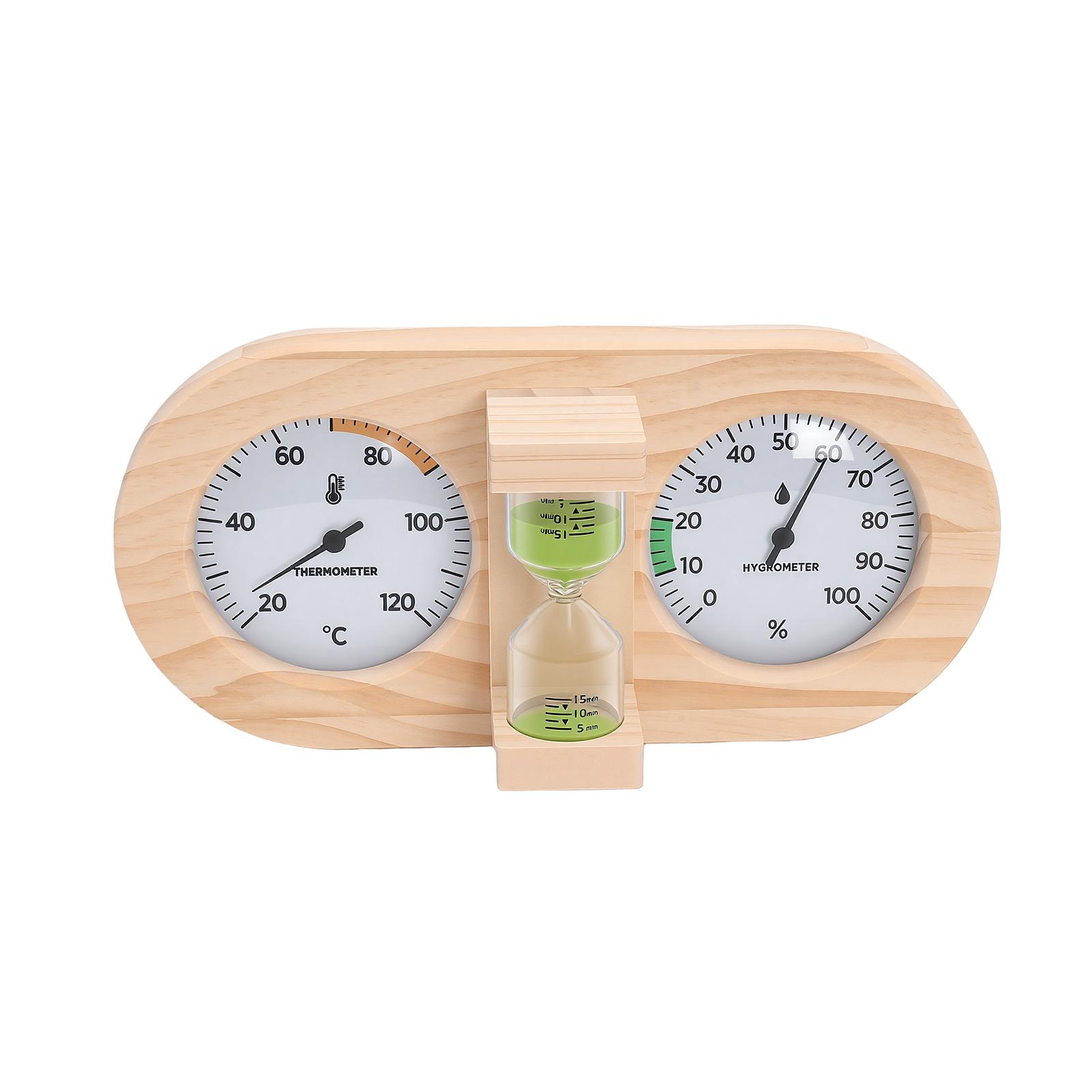 2-in-1 Sauna Thermometer and Hygrometer with 15-Minute Sand Timer for Traditional Sauna Room pine, glass