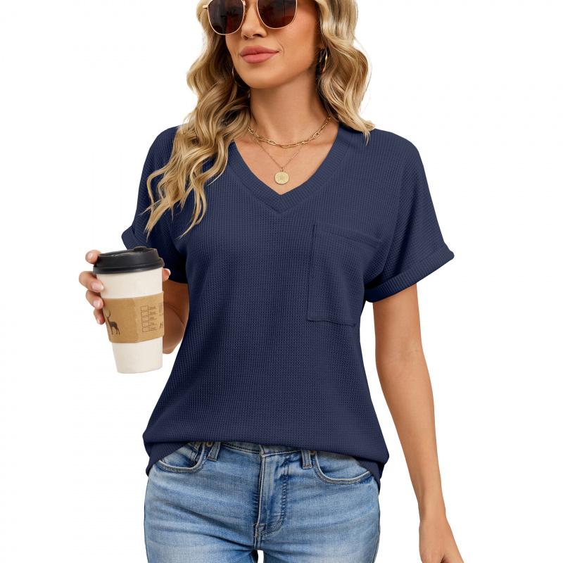 2026 Summer New Loose Women's V-Neck Waffle Pocket Short Sleeve Casual T-Shirt