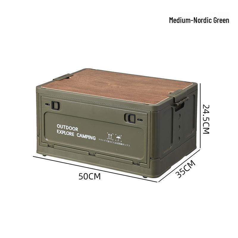 Portable Wheeled Camping Storage Box with Wooden Lid and Side-Opening Access