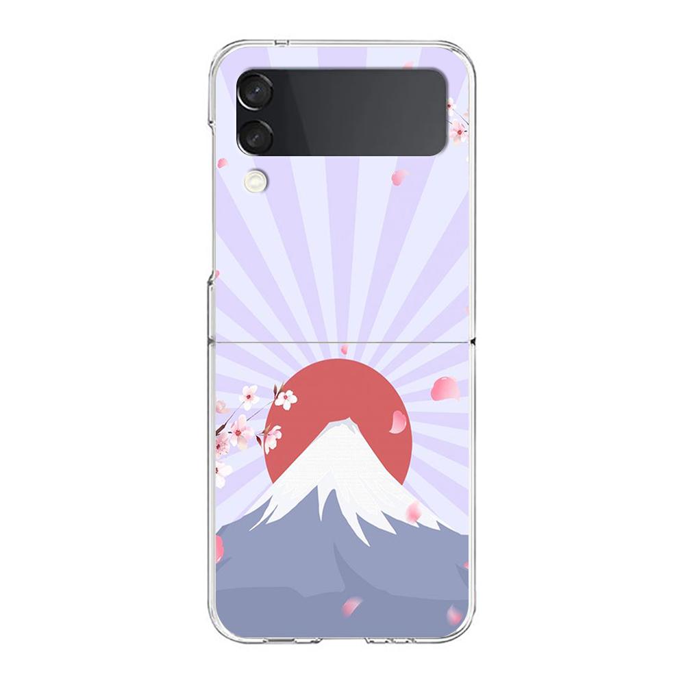 Cherry Blossoms Japanese Traint Moun For Samsung Galaxy Z Flip 3 4 5 Hard Folding Clear PC Phone Case For Samsung Z Flip3 Cover