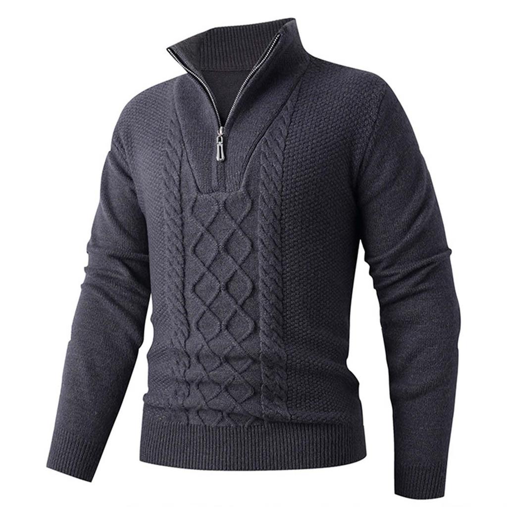 Men's Casual Half-Zip Cable Knit Pullover Sweater with Stand Collar for Fall and Winter