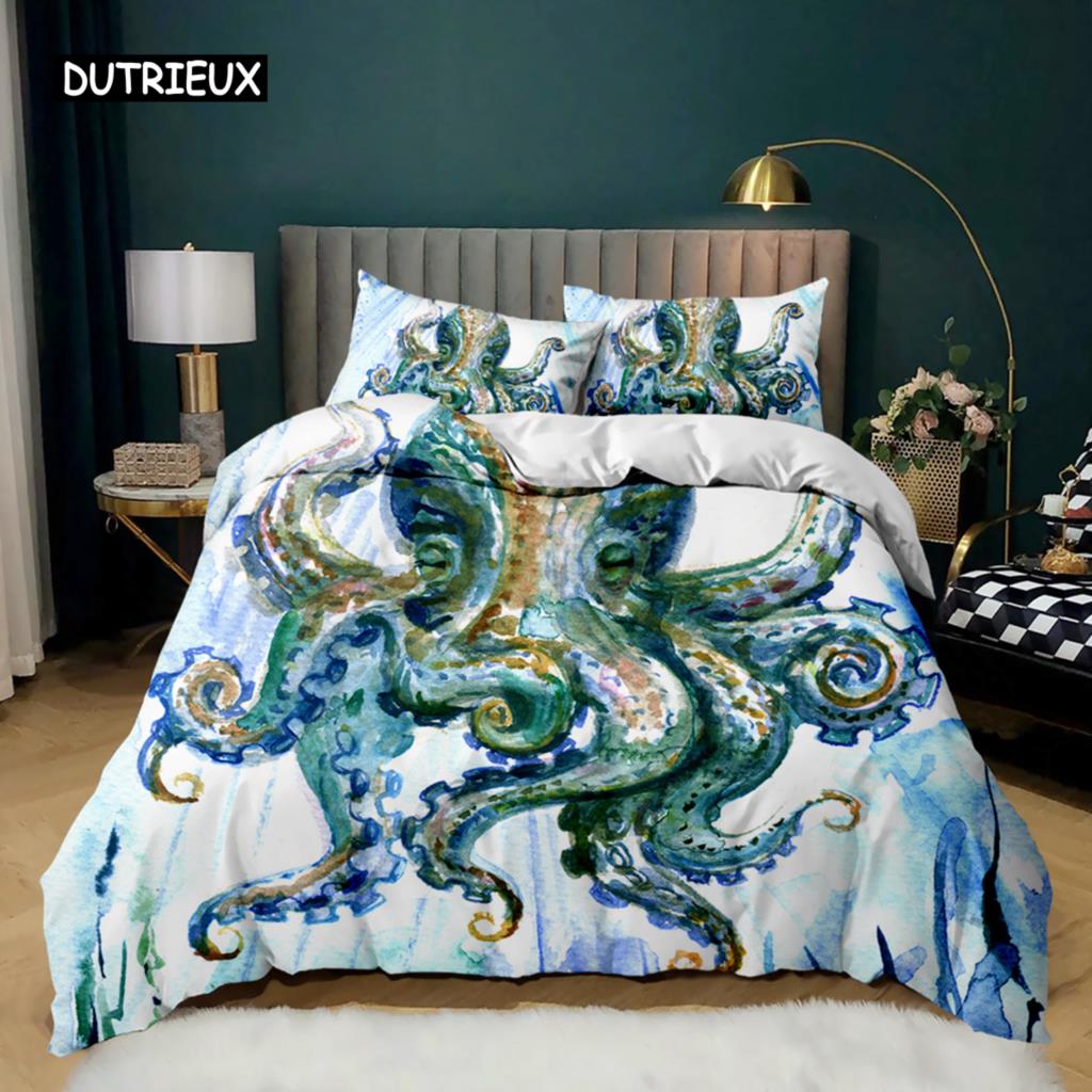Octopus Duvet Cover Sealife Bedding Set Ocean Animal Comforter Cover Teens Adults Double Queen King Size Polyester Qulit Cover