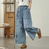 Plus Size Spring Summer Women Blue Jeans High Waist Floral Print Casual Loose Wide Leg Jeans Vintage Baggy Ladies' Large Size Jeans