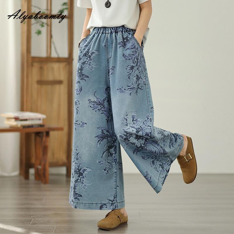 Plus Size Spring Summer Women Blue Jeans High Waist Floral Print Casual Loose Wide Leg Jeans Vintage Baggy Ladies' Large Size Jeans