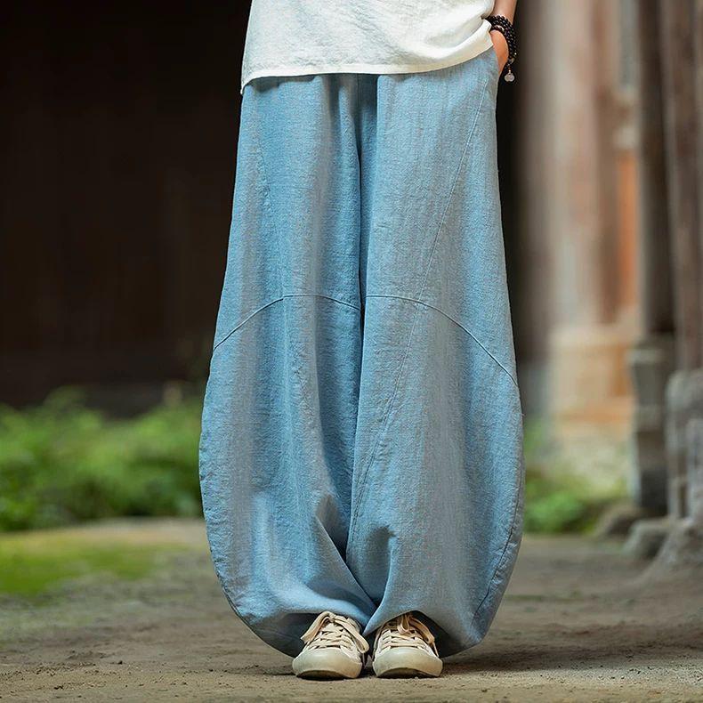 Women Vintage Linen Bloomers Pants Solid Color Patchwork Elastic Waist Spring Trouser Loose Pants