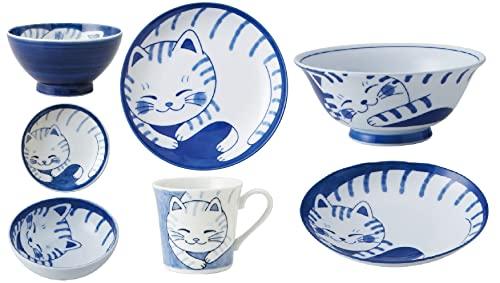 

Cat s pottery Nekochigura (Tiger) 7-piece tableware set, lightweight tableware (usukaru), made in Japan, Mino ware