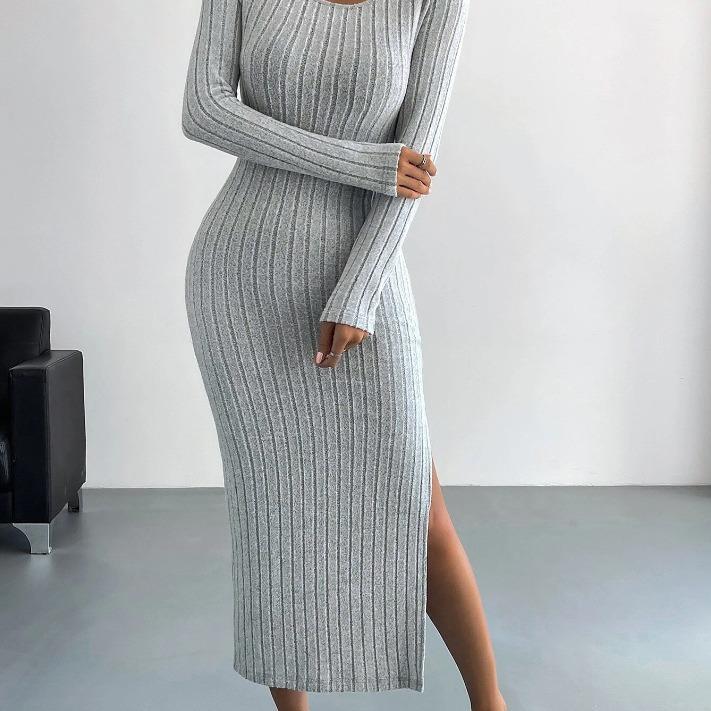 GMXIA Autumn Winter Long Sleeve O-Neck Open Fork Knitted Long Dress for Women