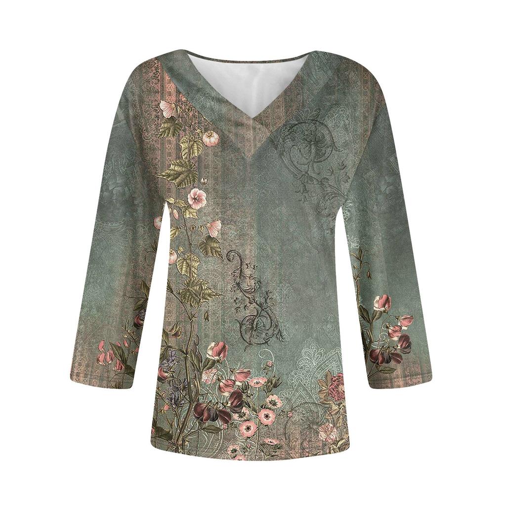 Dames 3/4 Mouw Shirts V-Hals Print Tops Casual Tops Basis T-shirts Blouse Losse Tops
