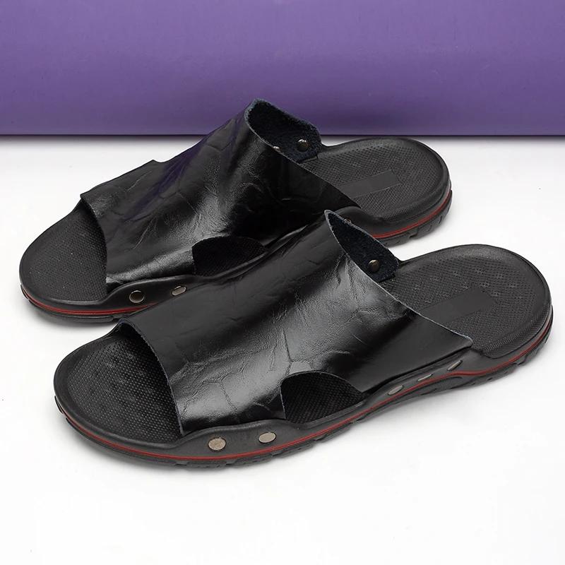 

Men s Summer Slippers Soft PU Leather Luxury Black Slippers New Breathable Classics Beach Anti-slip Casual Shoes Mens Sandals 38