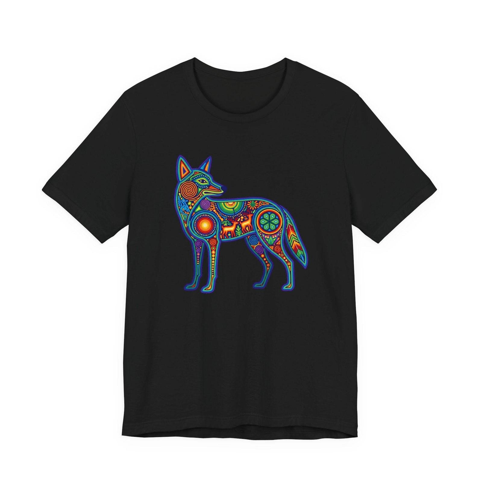 Huichol Coyote T-Shirt | Vibrant Mexican Folk Art Animal Graphic Tee Shirt S