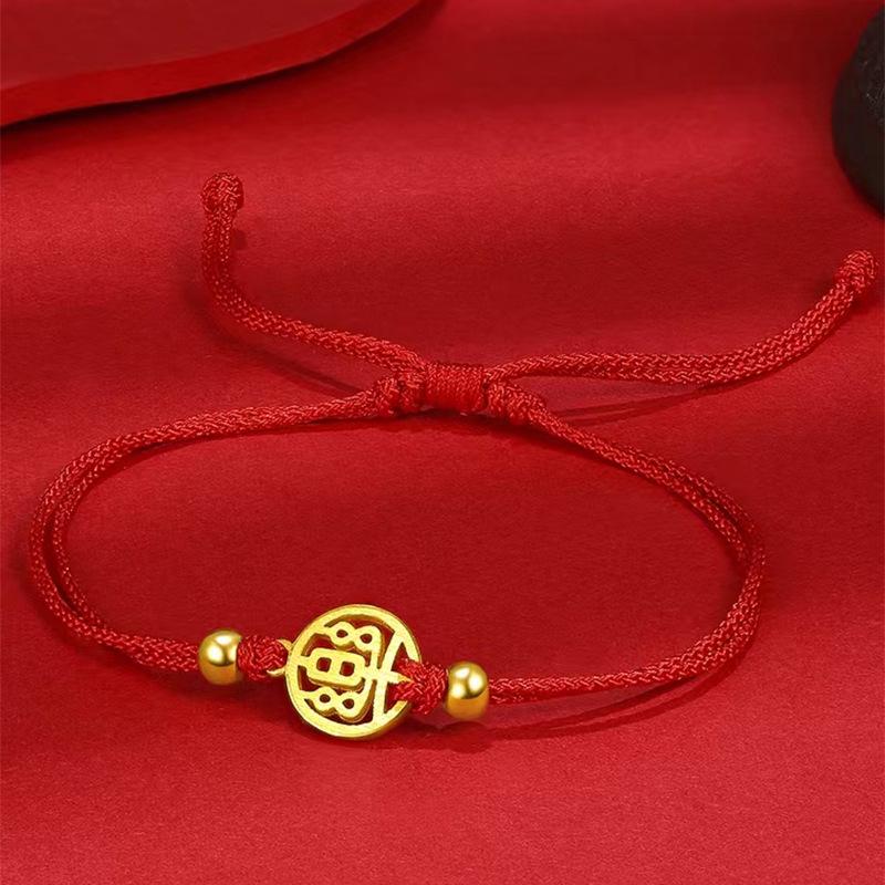 Zhou Family Sand Gold Plated Copper Bracelet - Unisex Ping An Fu Lucky Red Rope Jewelry