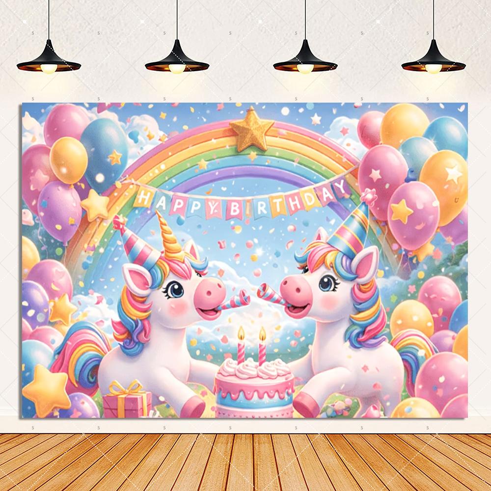 Unicorn birthday party decorations, rainbow castle backdrop, balloons, cake, photo booth props, gift for children2575
