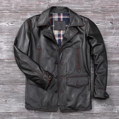 Chinese Size Long Jacket Men Genuine Leather Wind Coat Classic Black Cowhide Jacket Casual Leather Cloth
