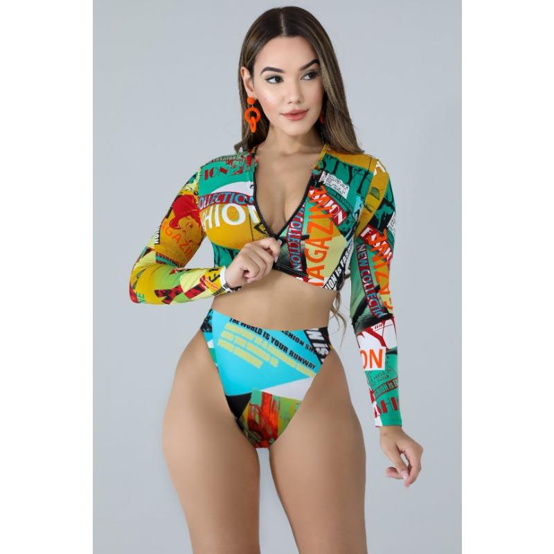 New long-sleeved zipper bikini high-waisted women's split swimsuit conservative sunscreen beach swimsuit fashionable