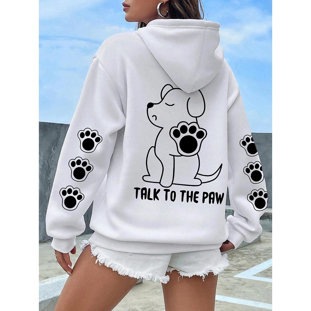 Talk To The Paw Funny Dog Cartoon Print Hoodie Women Warm Hoodie Fashion Casual Hooded Autumn Loose Round Neck Woman Tops