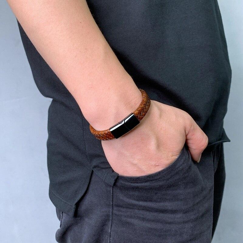Genuine Leather Bracelet Of Men Brown Leather Black Stainless Steel Clasp Fashion Bangles Jewelry WristBand Gift