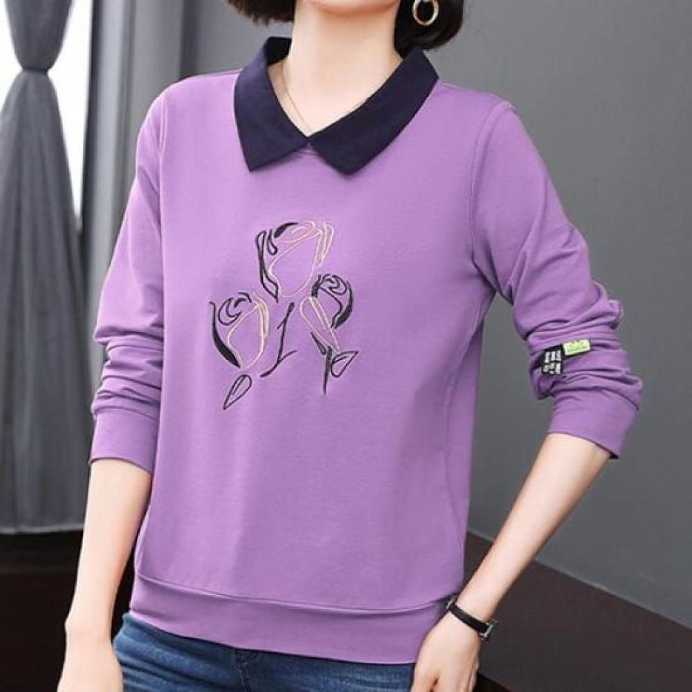 Navava Long Sleeve T shirT wiTh Rose Embroidery And poinT Color Collar nT2227