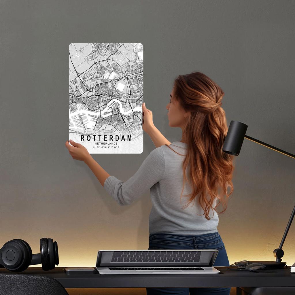 Rotterdam Ljuskarta Metallskyltar KARTA Poster Dekorativa Väggramar Anpassad Plåtskylt för Väggkonstdekoration Retro Mansgrotta